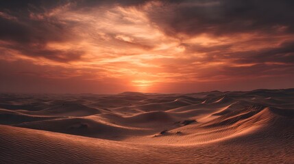 Breathtaking desert sunset with vibrant orange and red sky over rolling sand dunes.