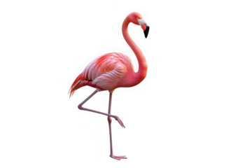 Pink flamingo standing on one leg, isolated on black background isolated on transparent background