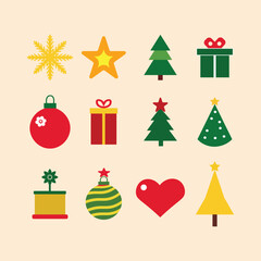 A festive collection of Christmas vector icons featuring snowflakes, stars, trees, ornaments, gifts, hearts, and holiday decorations. Perfect for seasonal designs, greeting cards, and winter graphics.