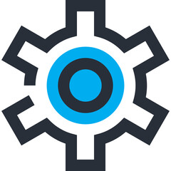 Stylized blue and black gear mechanism symbol with clean lines and a central blue circle on a transparent background representing industry and engineering concepts