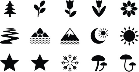 Nature icon vector set, black silhouette illustration, symbolic forest elements, flower star mushroom tree, seasonal design, minimal style, decorative shapes