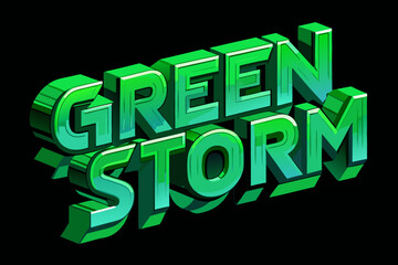 Green storm text effect with a glossy finish and a black background in a dynamic perspective view