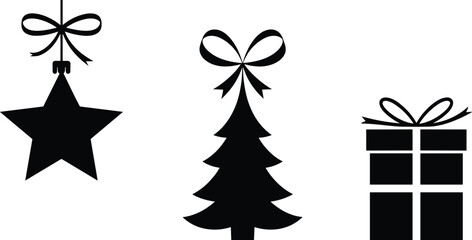 Christmas icon vector, black silhouette design, festive ornament illustration, holiday tree and gift, minimal style, seasonal decoration, bow elements