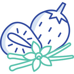 Stylized Blue and Teal Line Art Icon of Two Strawberries One Sliced with Vanilla Beans and Flower on Transparent Background Simple Fresh Fruit Illustration