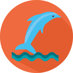 Stylized Blue Dolphin Leaping Over Teal Waves Against A Solid Coral Orange Circular Background With A Subtle Shadow Effect