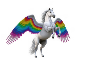 Majestic white pegasus with rainbow feathered wings rearing up on a dark background isolated on transparent background