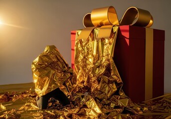 A large red gift box with a shiny gold bow is partially unwrapped, with golden foil cascading onto the floor under a warm light.
