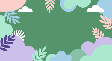Green background with colorful clouds and leaves a vibrant and playful nature-inspired design.