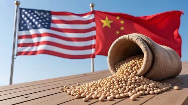 USA and China trade war concept with soybeans spilling from a pot, a symbol of economic tension and agricultural exports on a wooden surface