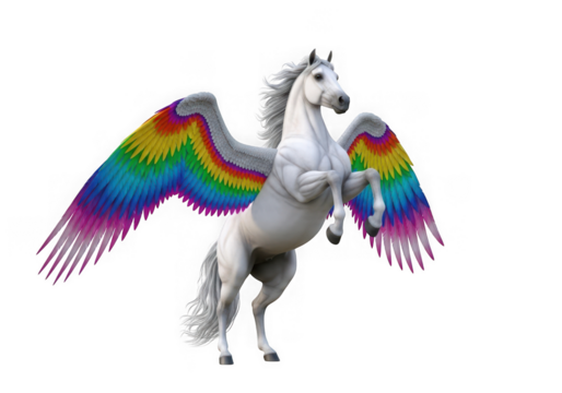 Majestic white pegasus with rainbow feathered wings rearing up on a dark background isolated on transparent background