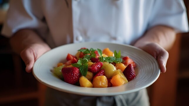 Chef presents a vibrant fresh fruit salad garnished with mint on a white plate