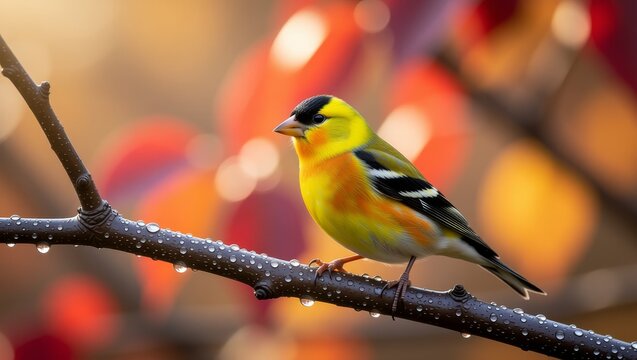 Goldfinch perched on dewy branch