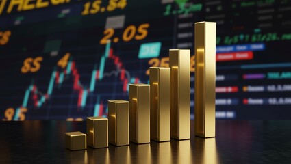 Ascending golden bars on stock market display