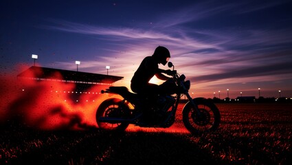 Motorcycle rider silhouette at sunset with red smoke
