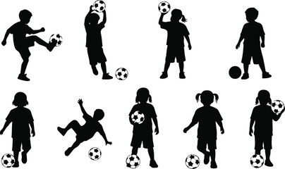 Fototapeta premium Silhouette of children playing with soccer balls full length isolated