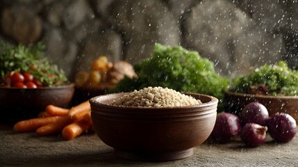 Rustic wooden bowl brimming with grains set amidst fresh organic vegetables and falling snow like particles