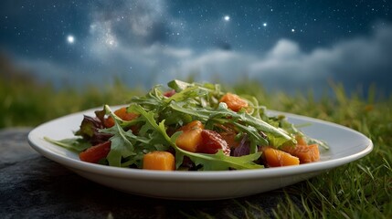 A fresh salad with fruit and greens is presented on a plate outdoors under a starry night sky
