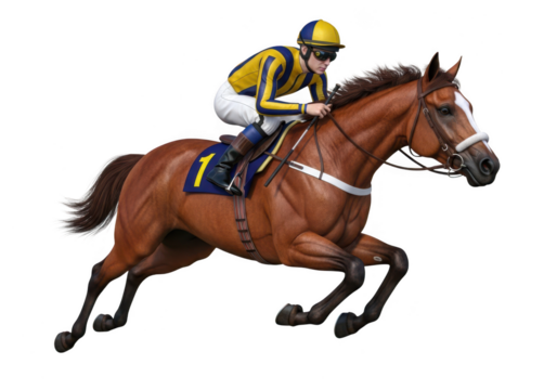 Horse and jockey in racing silks jump forward with determination and speed isolated on transparent background