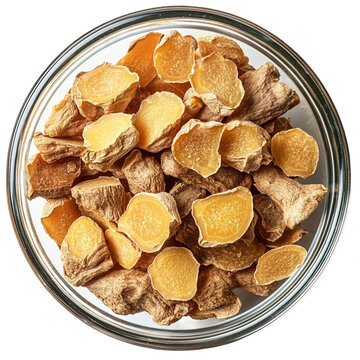 Top View Dried Ginger Slices Glass Bowl Studio Shot Isolated White Background