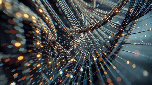 A DNA strand with a lot of sparkles. The strand is very long. Macro shot ribonucleic base code spiral compressing into optimized segment, futurist biotech clarity, gene-based therapy