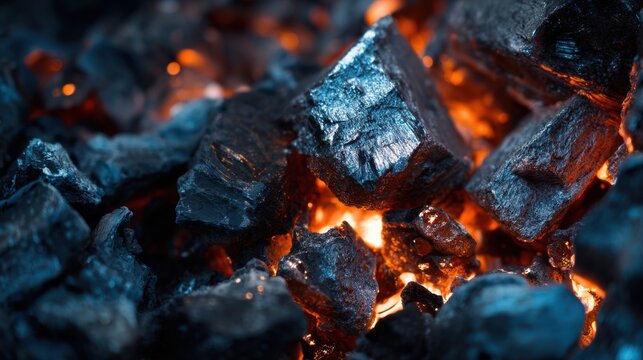 Bright red and orange embers glow among dark charcoal pieces creating a warm lighting effect. This scene captures the cozy ambiance perfect for evening grilling at a lively outdoor event.