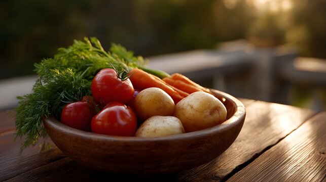 Fresh garden vegetables including tomatoes potatoes carrots and dill in a rustic wooden bowl at sunset