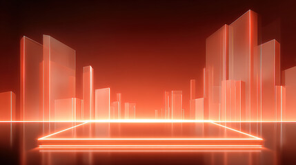 Fototapeta premium Red glowing lines and tech-style product display stand against an urban backdrop