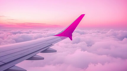 Obraz premium Soaring above the clouds airplane wing view aerial photography dreamy skies hyperrealistic concept