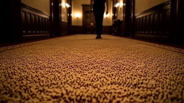 Eerie walk down dimly lit hallway with vintage carpet creating suspenseful atmosphere with