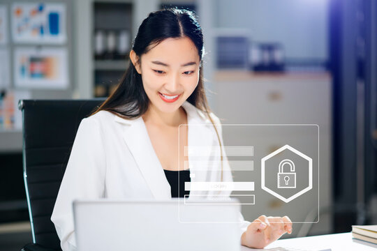 Cyber security concept, Login, User, identification information security and encryption, secure access to user's personal information woman using smart phone and tablet in office