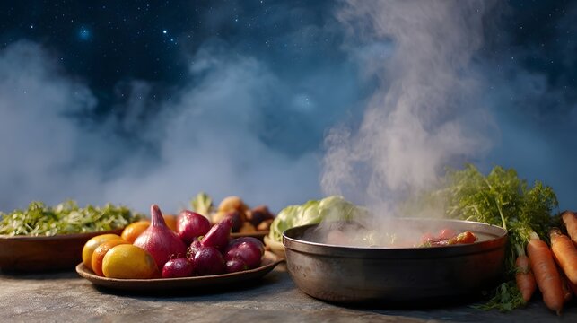 Fresh vegetables and fruits are prepared in a steaming pot under a cloudy starlit night sky