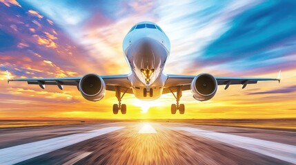 Jet taking off airplane runway hyperrealistic scene sunset sky ground level gigapixel standard