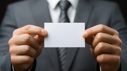 Businessman holding a blank white business card in front of his suit.