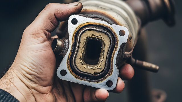 Hand holding a used car catalytic converter, highlighting wear and tear, Engine exhaust manifold displaying degradation and the need for auto repair - Powered by Adobe