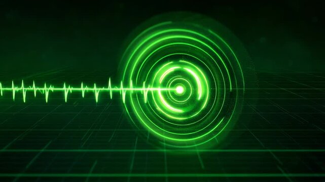 Abstract green digital sound wave signal with radar pulse on dark grid