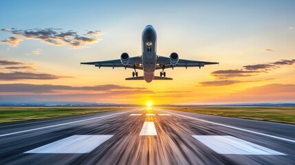 Fototapeta premium Jet taking off airport runway hyperrealistic scene sunset low angle gigapixel standard scale