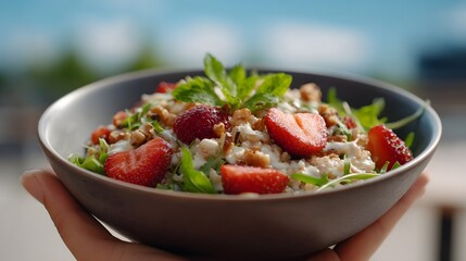 A fresh and vibrant salad featuring strawberries nuts cheese and greens in a dark bowl presented outdoors