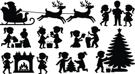 Christmas silhouette scene, Santa with reindeer, children decorating tree, exchanging gifts, festive holiday vector, black and white celebration illustration