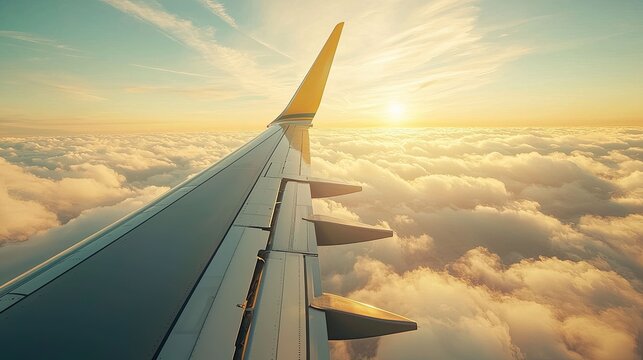 Soaring above the clouds airplane wing aerial view serene sky hyperrealistic concept - Powered by Adobe