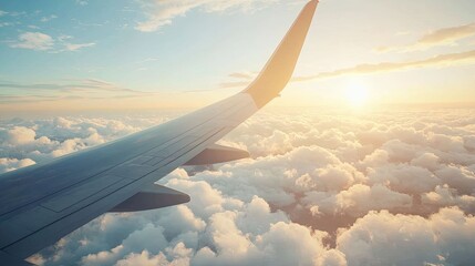 Flying above the clouds airplane wing perspective sky hyperrealistic art tranquil atmosphere aerial view