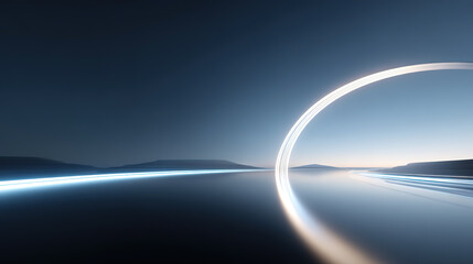 Illuminated rings and smooth, reflective ground against a blue abstract technological background