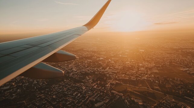 Aerial view of airplane wing above the clouds photography sunset hyperrealistic concept