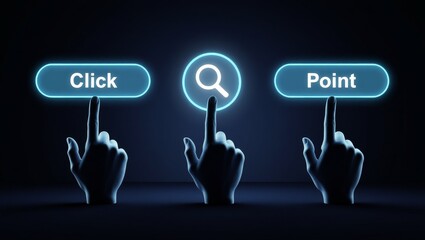 Hands pointing at digital buttons Click Search Point