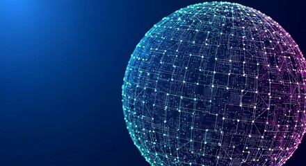 Abstract digital sphere with glowing lines and connections on blue background