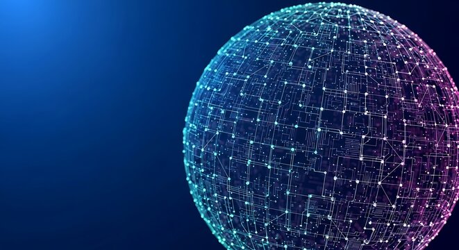 Abstract digital sphere with glowing lines and connections on blue background