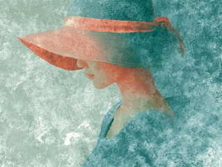 Abstract watercolor portrait of mature woman with hat in turquoise and coral tones, blended ocean wave elements on textured paper
