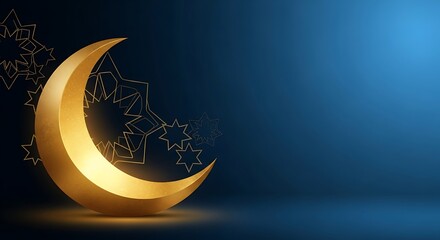 Golden crescent moon illustration on dark blue background for islamic celebrations