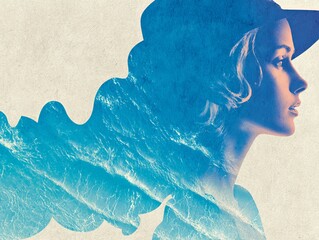 Abstract watercolor portrait of mature woman with hat in turquoise and coral tones, blended ocean wave elements on textured paper