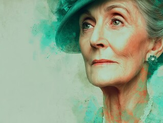 Abstract watercolor portrait of mature woman with hat in turquoise and coral tones, blended ocean wave elements on textured paper