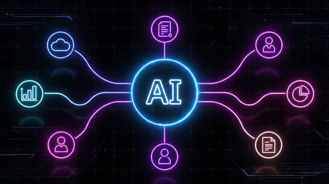 A glowing neon AI core connects to various digital icons like cloud computing, data analytics, and user profiles, illustrating modern artificial intelligence concepts in a futuristic.